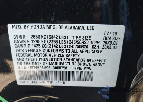 2020 Honda Pilot Awd Touring 8 Passenger from USA, damaged, VIN 5FNYF6H96LB000758